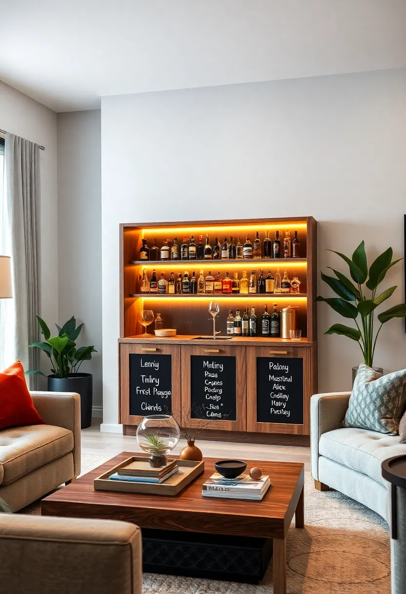 Sleek Minimalist ⁤Bar⁢ cabinet with⁢ Chalkboard Door Panels for​ Creative‌ Cocktail Names