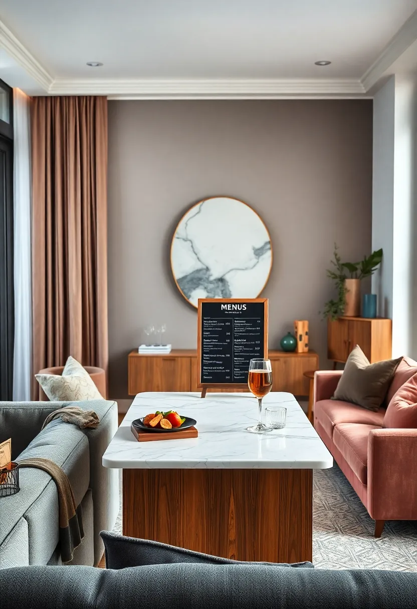 Elegant ‍Marble-Topped Mini Bar ⁣Featuring an Adjustable chalkboard ‌Menu Stand