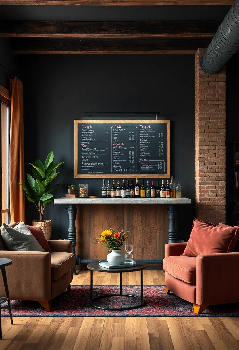 Industrial ‍Pipe Bar Stand ‌Accented by ​a Hanging Chalkboard Menu for Urban‌ Vibes