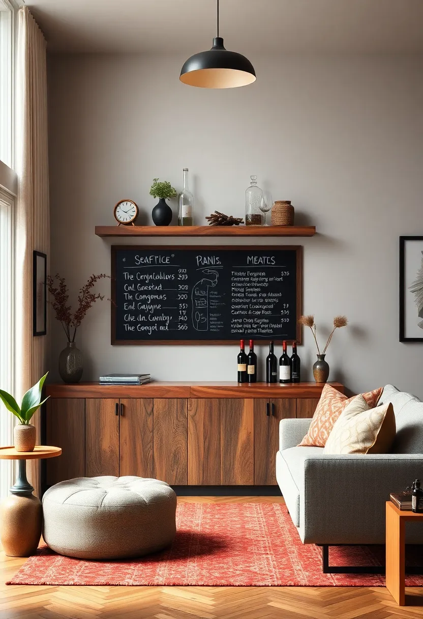 Reclaimed Wood Bar Shelf Coupled with a⁣ Chalkboard Menu for⁤ Eco-Friendly ‌Style