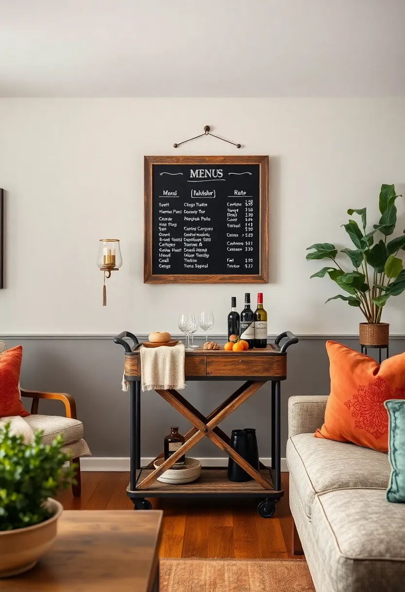 Vintage⁤ Ladder Bar Cart Paired with ⁢a Framed Chalkboard Menu for Rustic‌ Charm