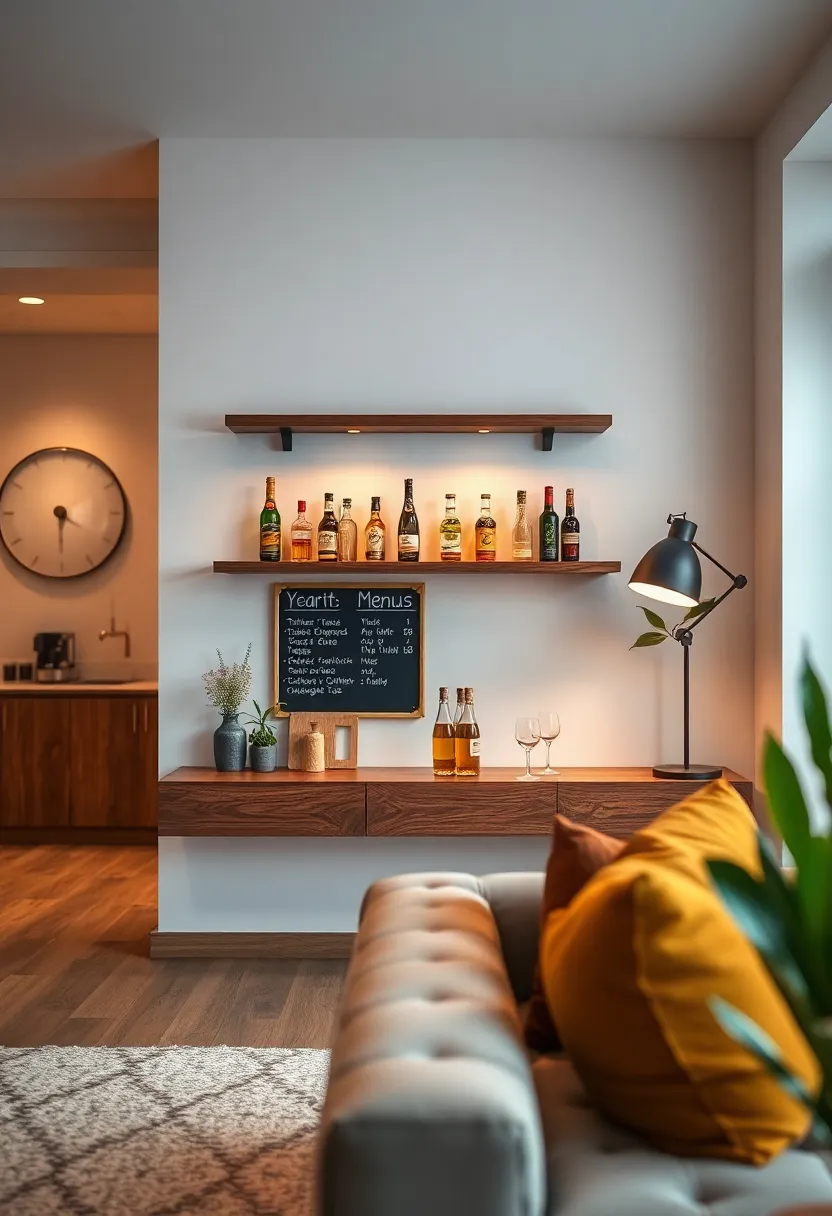 Floating Shelf Bar Setup Featuring‌ a Mini Chalkboard Sign for ⁣Daily Specials