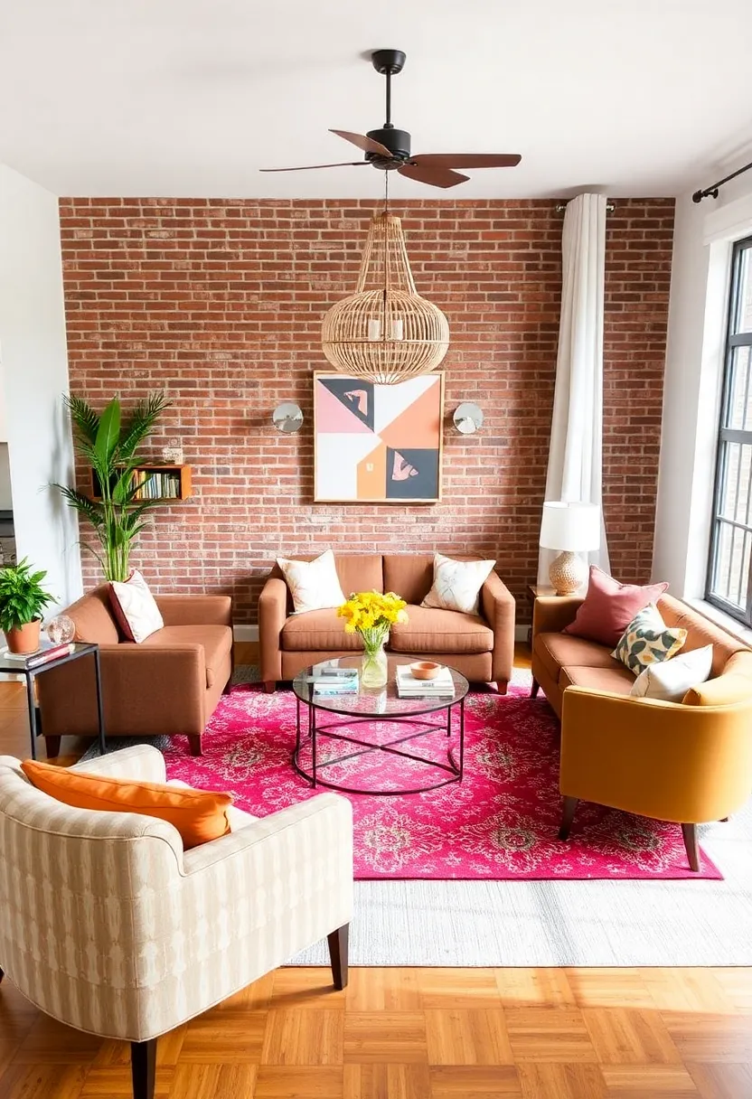 Use a Bold Area Rug: Define the living space with a vibrant area rug that adds warmth and pulls together various furniture pieces