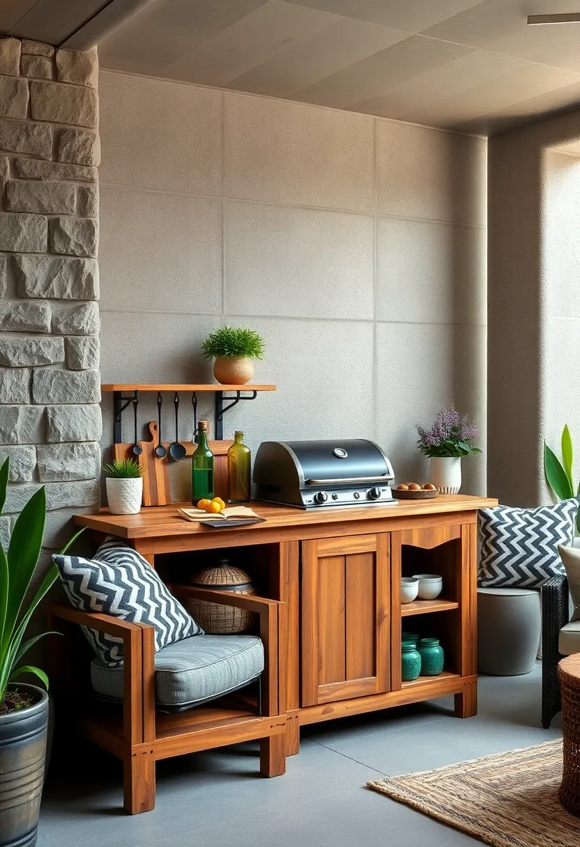 Rustic Wooden​ Cart with Built-In Charcoal Grill and Storage ‌Shelves