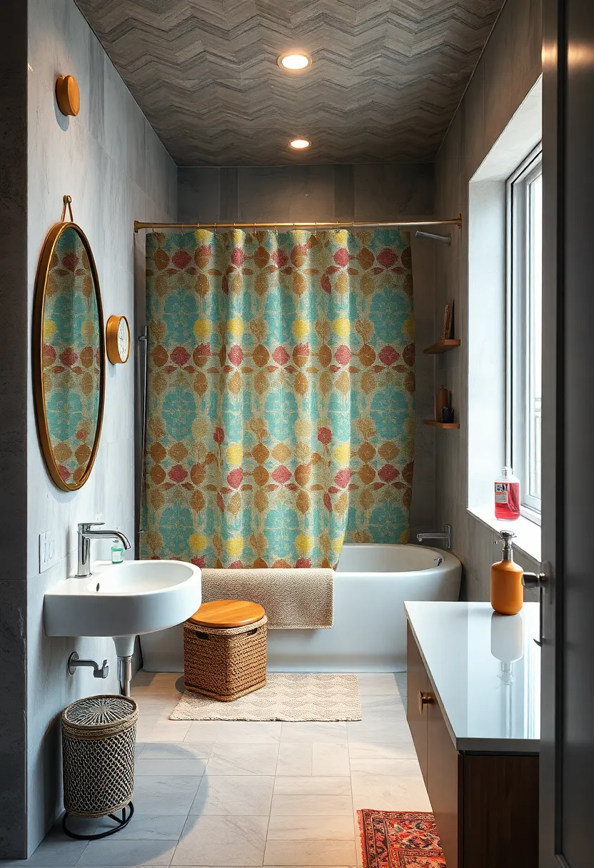 Incorporate​ a ⁢retro-patterned shower curtain ⁣with frameless glass doors for functional charm