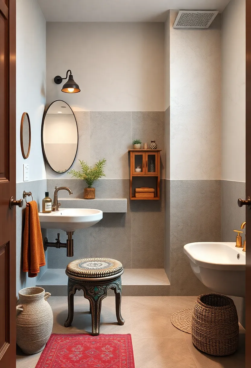 Place an ​ornate, vintage stool next to a minimalist⁢ sink for whimsical⁤ seating options