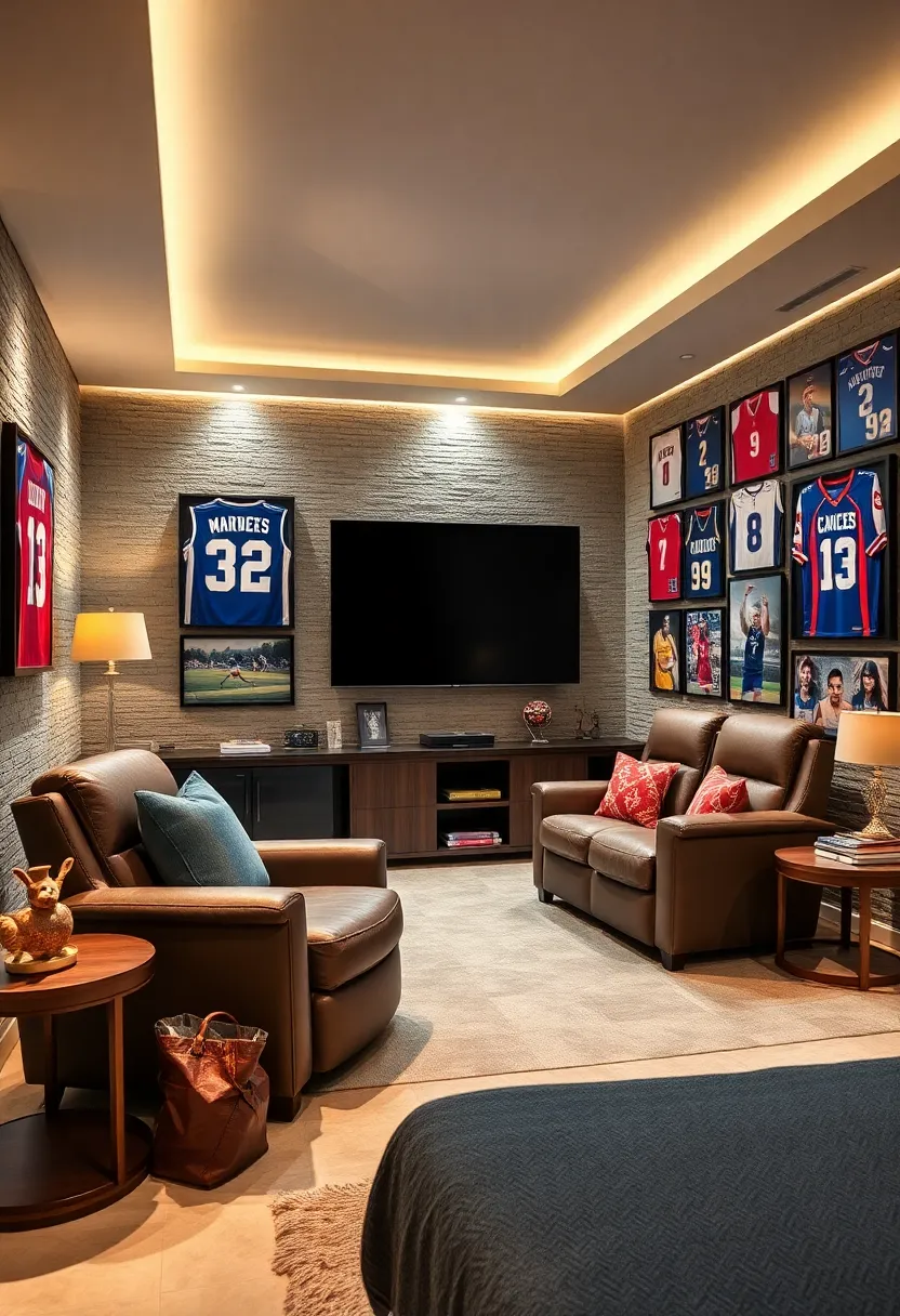 Comfortable Recliner Chairs Designed ⁤for Watching Games Amidst Walls Lined with Jerseys ⁢and Photos