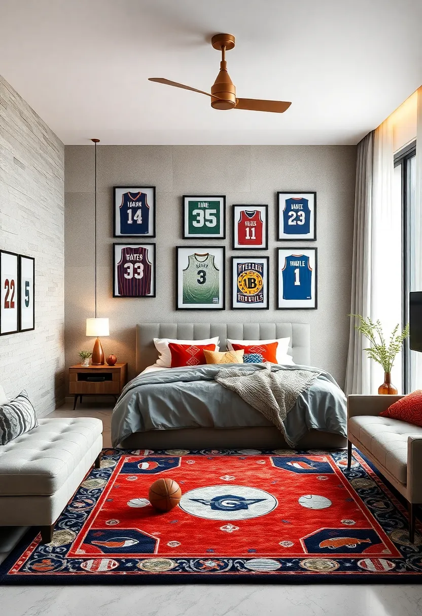 Curtain and rug Combinations ​Featuring Clever Sports Motifs ‍to⁢ Anchor the Room’s⁣ Design Scheme