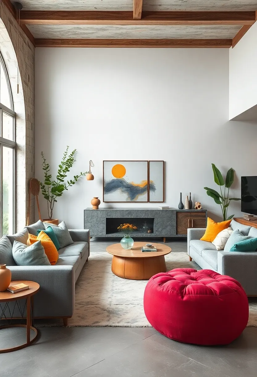 Add a pouf made from upcycled fabrics to introduce color and sustainability in your living space