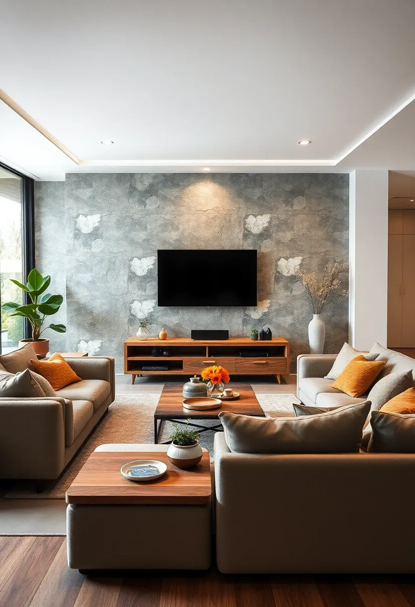 Highlight a minimalist media console made from eco-friendly MDF or reclaimed wood to complete the look