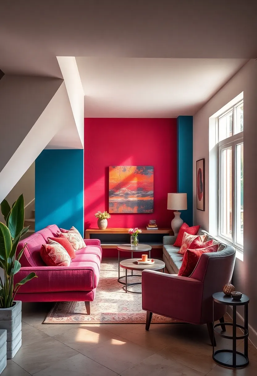 Cozy Under Stairs Living Room Nook Bathed in Warm Natural Light with Vibrant Accent Walls and Plush Textured Seating
