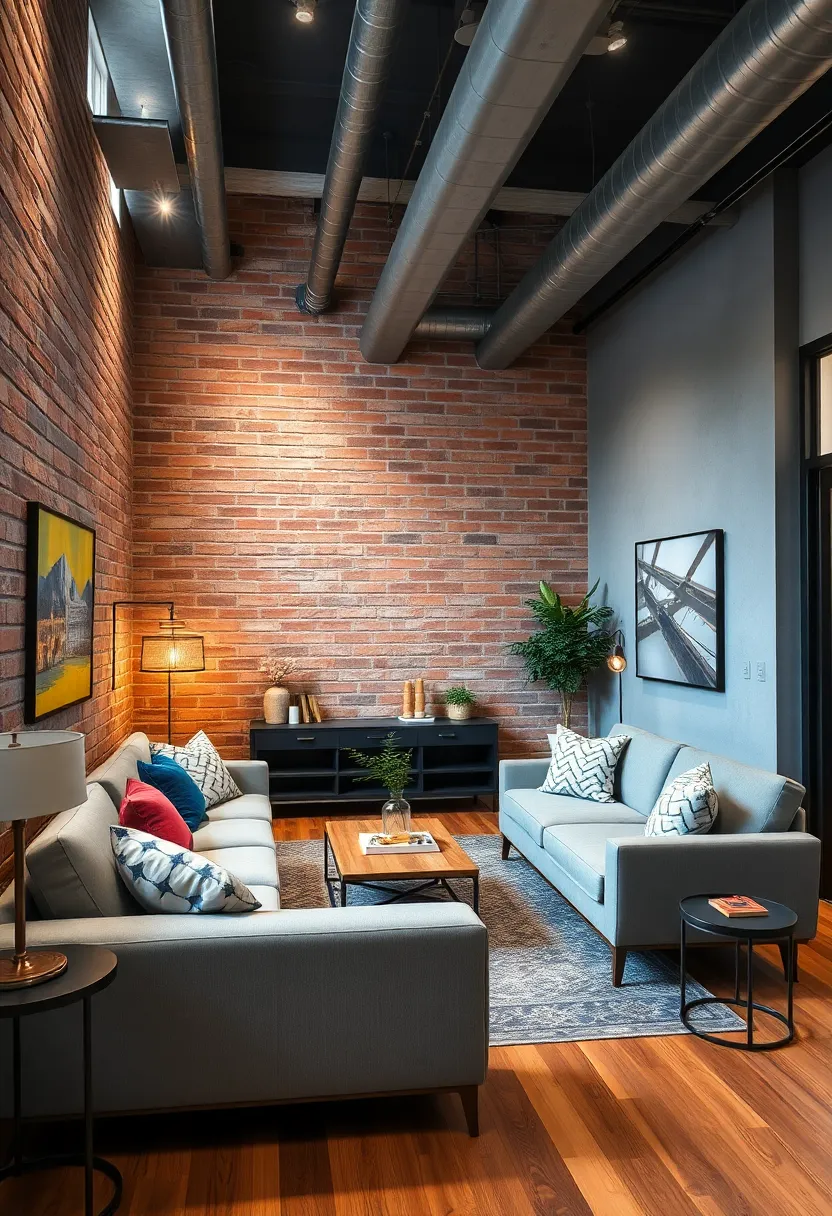 Industrial Style Under Stairs Gathering Spot Emphasizing Metal fixtures and raw brick Accent Walls