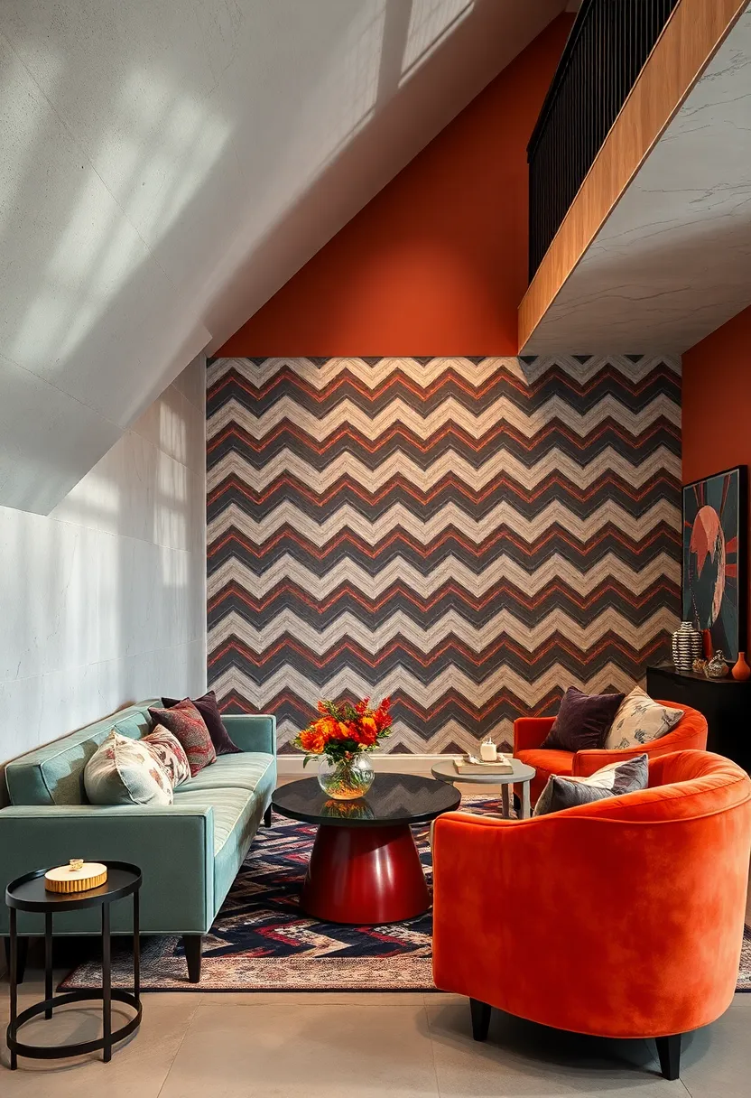Art Deco Glamour in Under Stairs Lounge Highlighted by Bold Chevron Accent Walls and Luxe Velvet Upholstery