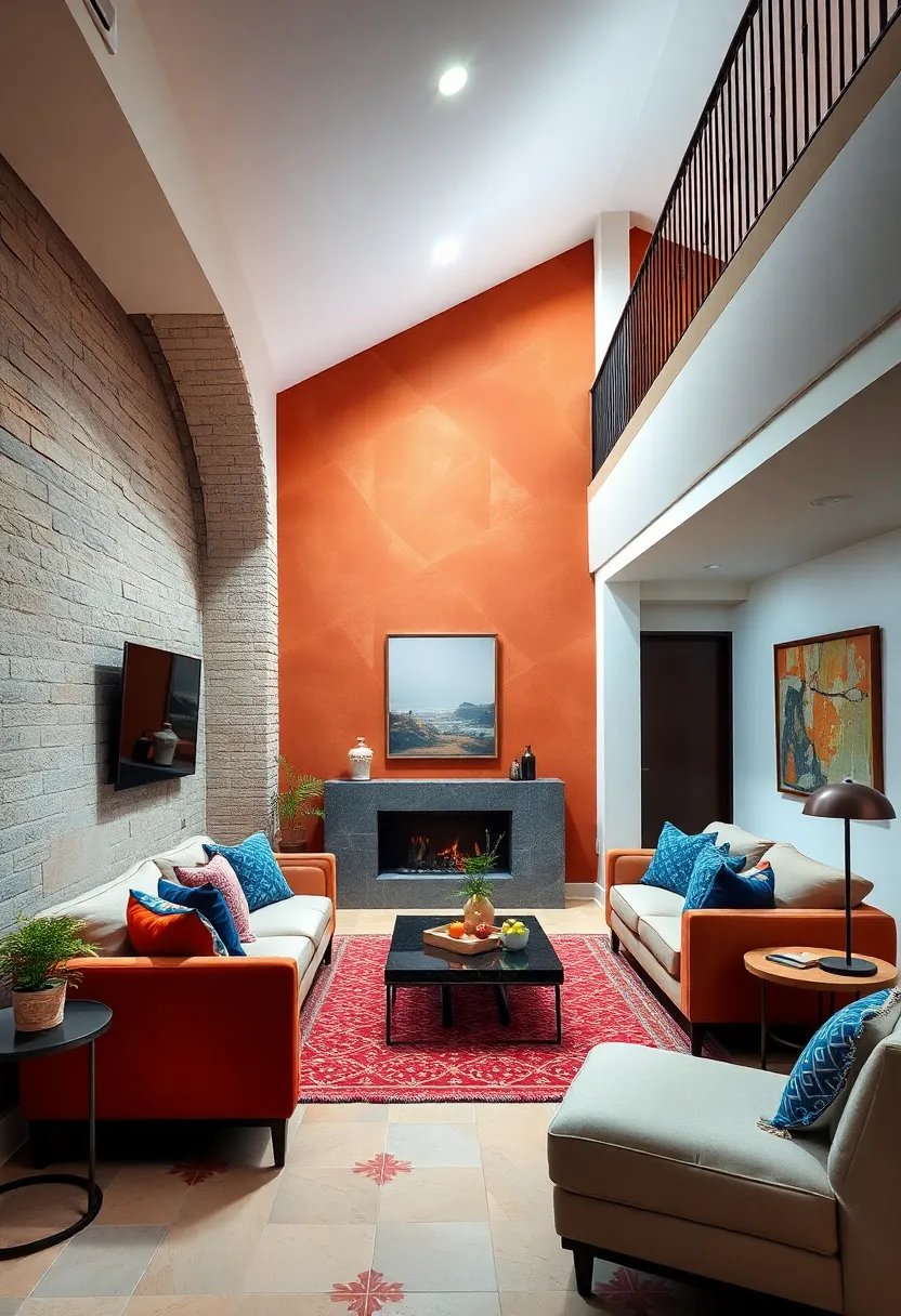 Mediterranean Inspired Under Stairs Living Room Boasting Warm Terracotta Accent Walls and Intricate Tile Details