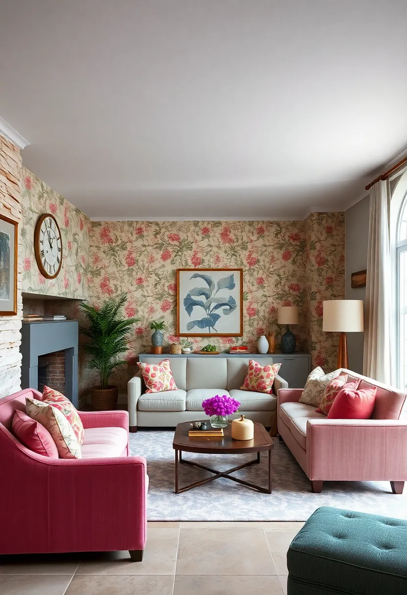 classic English Cottage Under Stairs Sitting Area Featuring Floral Damask Accent Walls and soft Linen Drapes