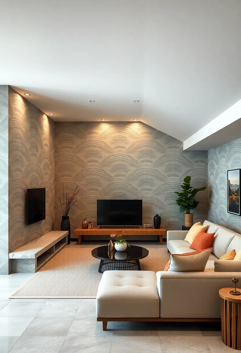 Under Stairs Contemporary Zen Space with Soothing Wave Pattern Accent Walls and Minimalist Tatami Seating