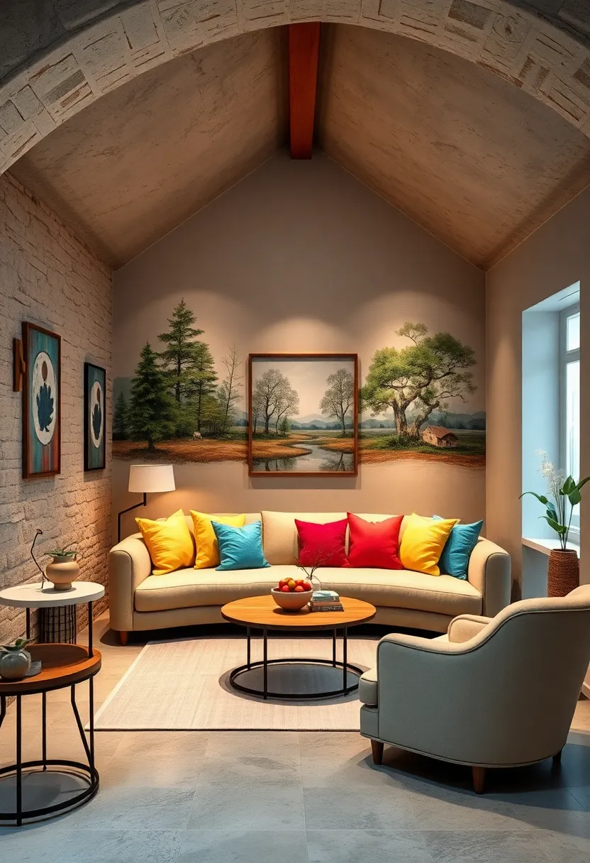 Whimsical Under Stairs Hideaway with Hand-Painted Nature Scene Accent Walls and Whimsical Curved Sofa