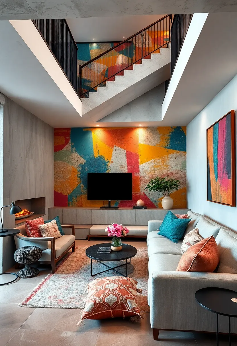 Under Stairs Living space with Colorful Abstract Murals and Layered Textile Cushions for an Artistic Vibe