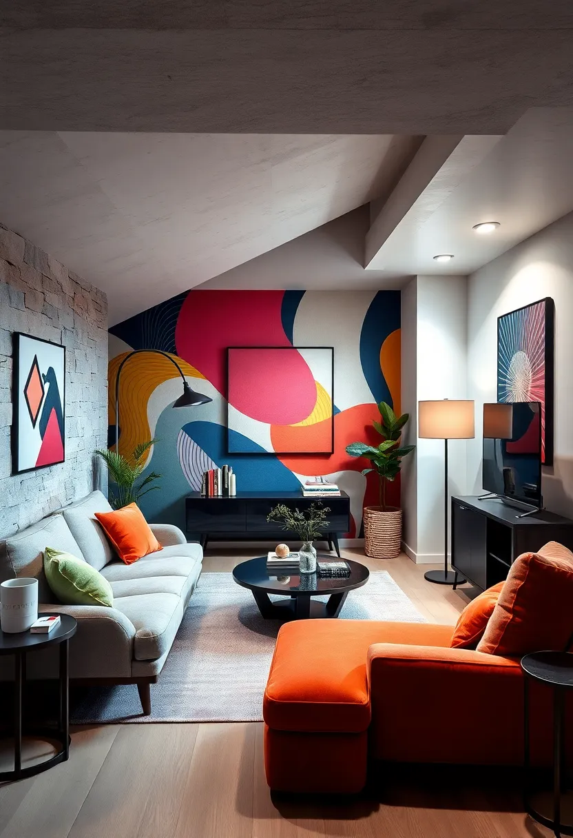 Under Stairs Mid-Century Modern Nook Highlighted by Bold Retro Graphic Accent Walls and Angular Furniture