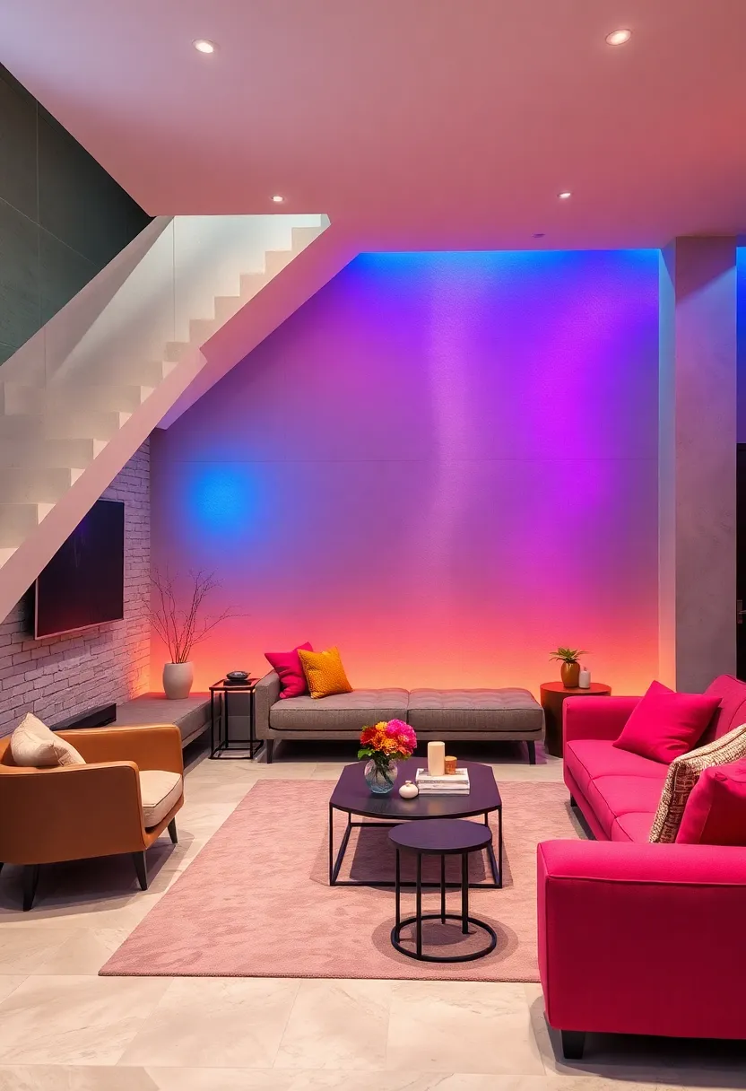 Contemporary Under Stairs Lounge with Metallic Gradient Accent Walls and Futuristic Ambient Lighting