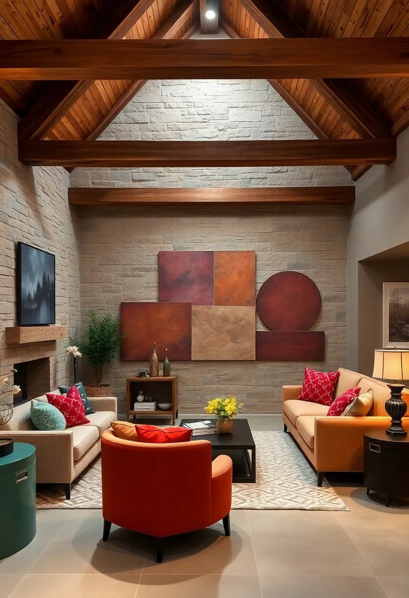 Rustic Chic Under Stairs Retreat Featuring Exposed Wooden Beams and Bold Earth-Toned Accent Wall Artistry