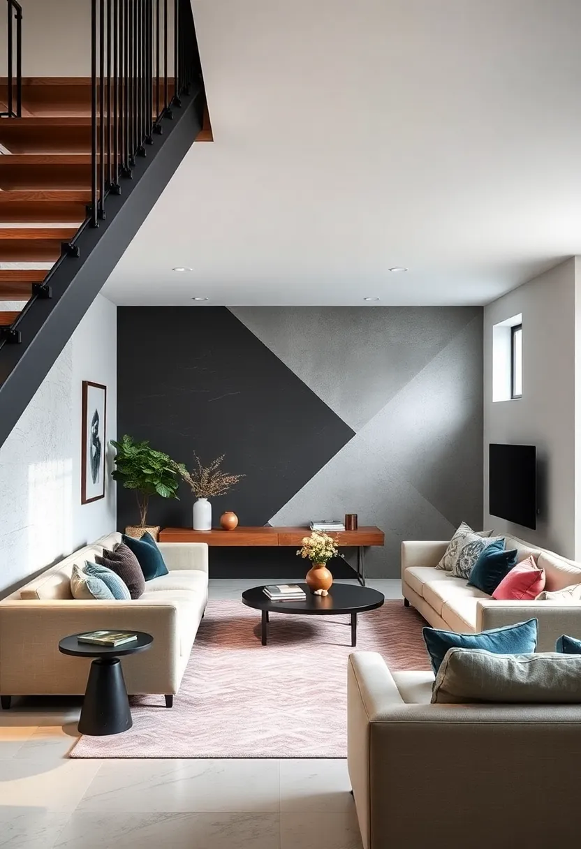 Modern minimalist Under stairs Lounge Highlighted by Sleek Geometric Accent Walls in Monochrome Palette