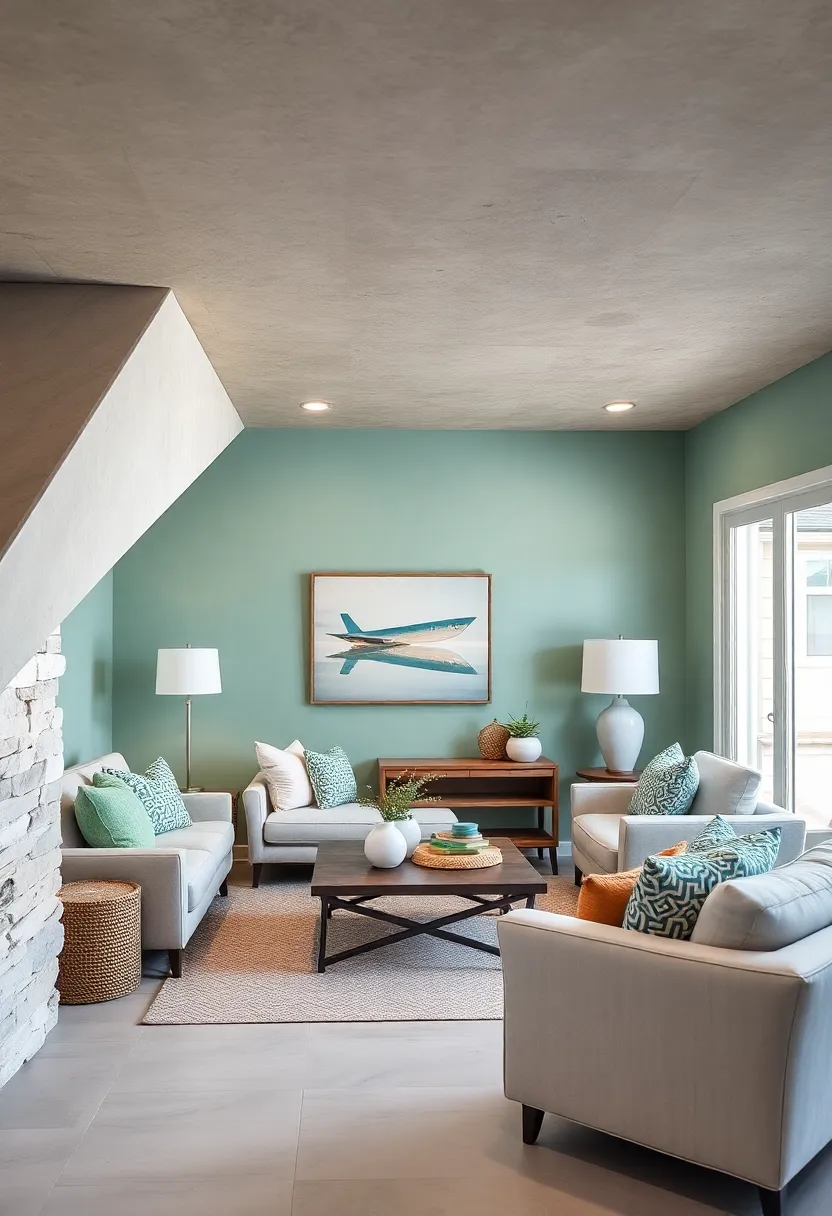 Coastal Calm Under Stairs Space Defined by Soft Seafoam Green Accent walls and Driftwood-Inspired Decor