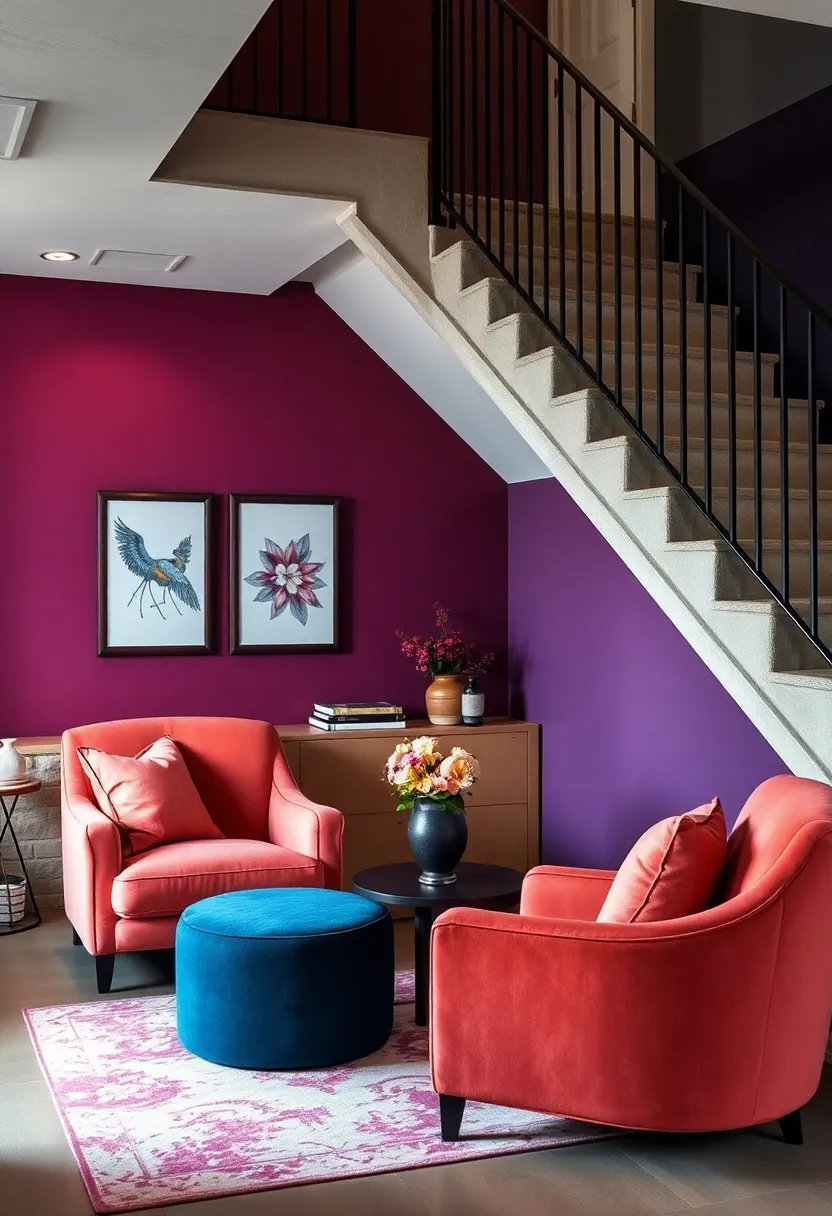 Under Stairs Cozy Reading Corner Enhanced by Deep Jewel Tone Accent Walls and Overstuffed Velvet Chairs