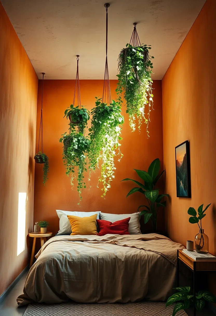 Warm Earthy ⁣Walls ‌Bathed in Soft Natural Light with ‍Cascading Greenery draped‌ From Ceiling Hooks‌ in a Cozy ⁤Bedroom Nook