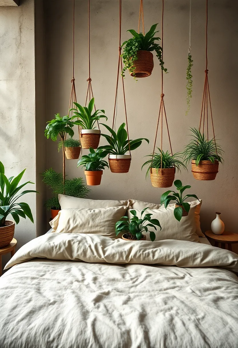 Ambient Lighting ⁤Highlighting an Array of Hanging Plants in⁤ Earth-Tone Woven Baskets Drifting‌ Over a Linen Bedspread