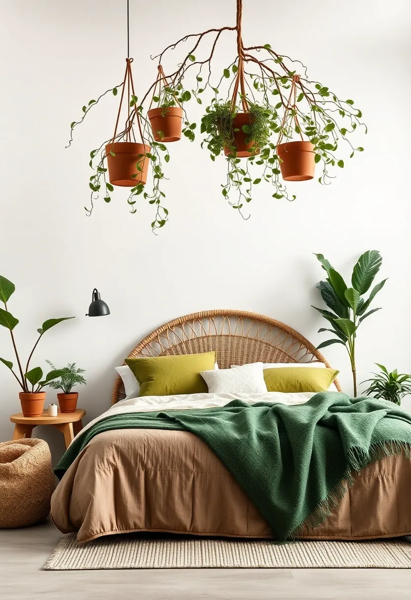 Minimalist Bedroom Scene⁣ Highlighting Matte‍ Clay Pots ‌and Eucalyptus Branches Swirling ⁢Gently Above a rattan Headboard