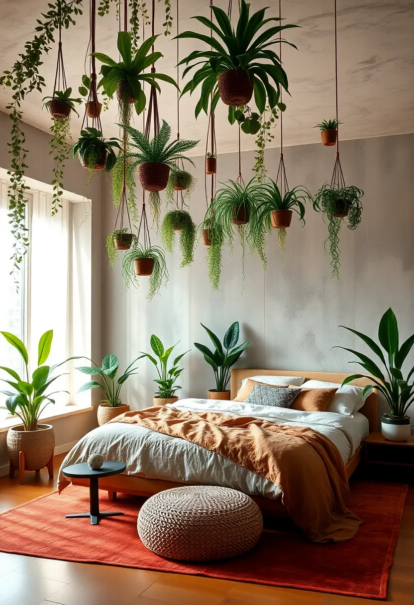 A Low Seating⁤ Area Amidst‍ a Canopy of airy Hanging​ Plants and Warm Terracotta Tones providing Urban ⁤Jungle Serenity