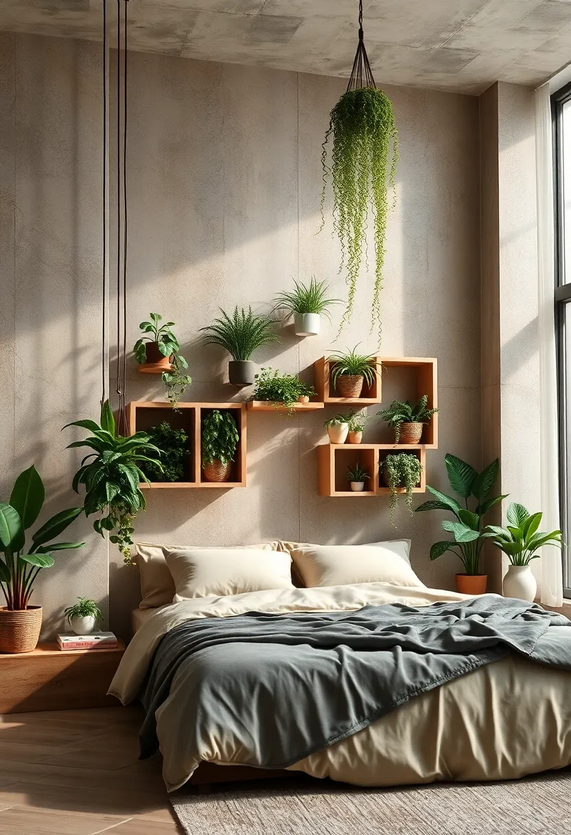 Neutral Stone ⁢and sand‌ Color Palette Enhanced ⁤by Subtle Moss ⁣green‍ Hanging ⁢Plants Weaving Through Organic‍ Shaped Shelves