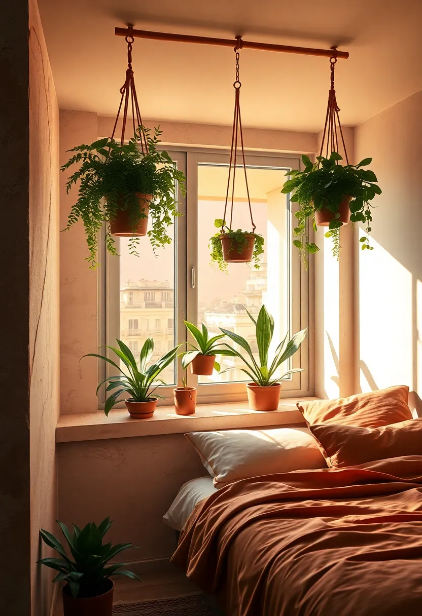 Sun-Kissed‍ Bedroom⁤ Window Aflame With Mild Amber Hues and Potted⁣ Plants ⁤Dangling from Delicately Carved​ Wooden rods