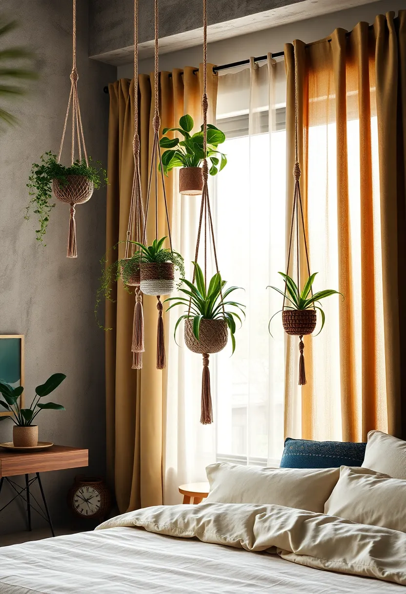 Macramé Plant Hangers ‍Suspended Near ⁢a Large Window Casting Delicate Shadows on Olive-Toned⁢ Linen Curtains