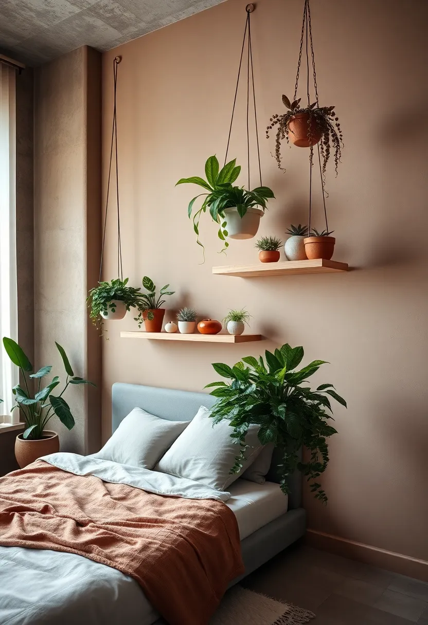 Curved‍ Hanging Shelves Showcasing A ‌Collection⁤ of Variegated‌ Pothos and ⁣Succulents Framed‌ by Sand-Colored Walls