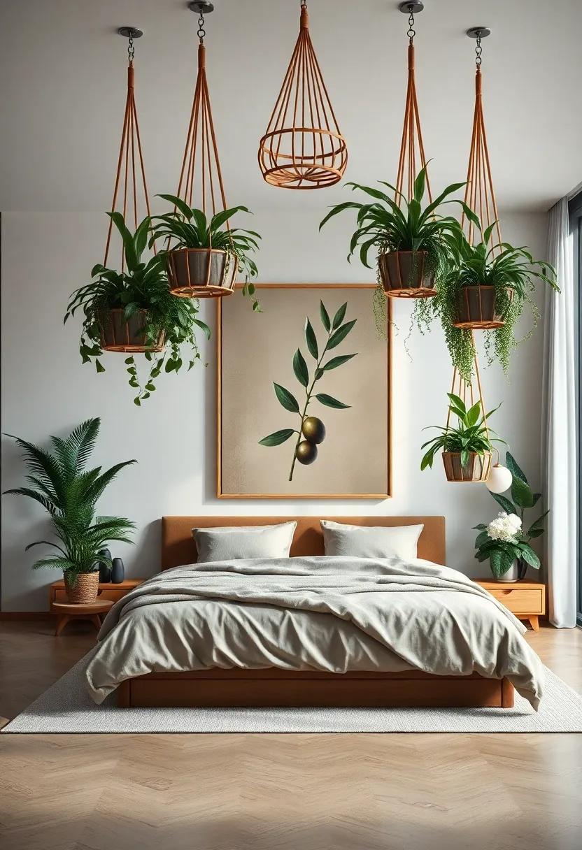 Clustered Hanging bamboo Planters ‍Filled With Lush Greenery Framing ‍a ⁣Large Muted ‌Olive ‌Artwork ​in​ an Open Bedroom
