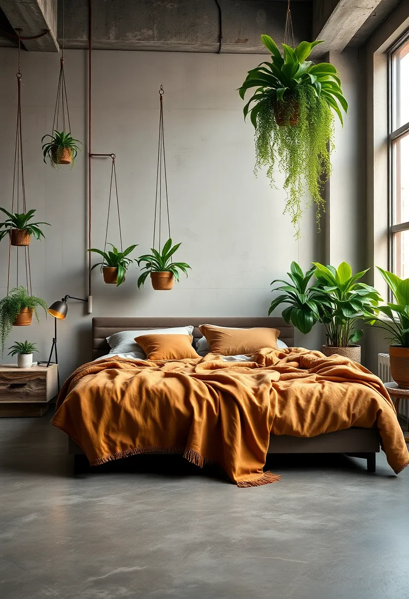 Rustic Wooden‍ Furniture Blended Seamlessly With‌ Lush Hanging ⁢Ferns ⁣Creating a Serene urban Oasis in a Small‌ Bedroom