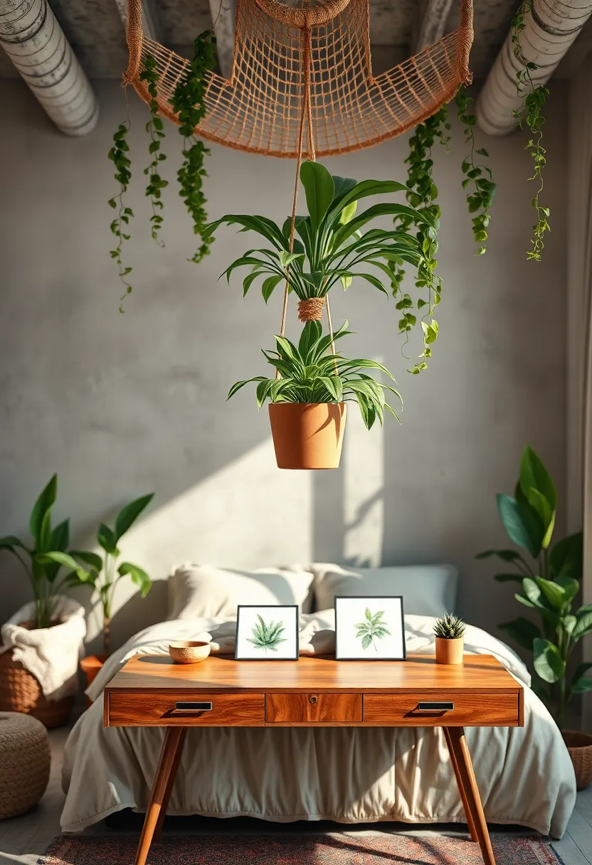 Soft ‌Clay ​Pot‍ Arrangement Hanging From a Woven ‌Ceiling ​Netting ⁤Above a Sleek ‌Wooden Desk With Botanical Prints