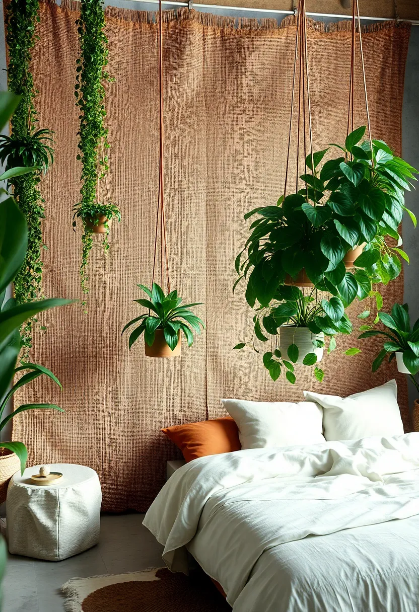 Natural⁤ Jute Tapestry‌ Backdrop⁣ With Cascading Heartleaf Philodendrons and ‍Handmade Ceramic Pots Suspended in⁣ Midair