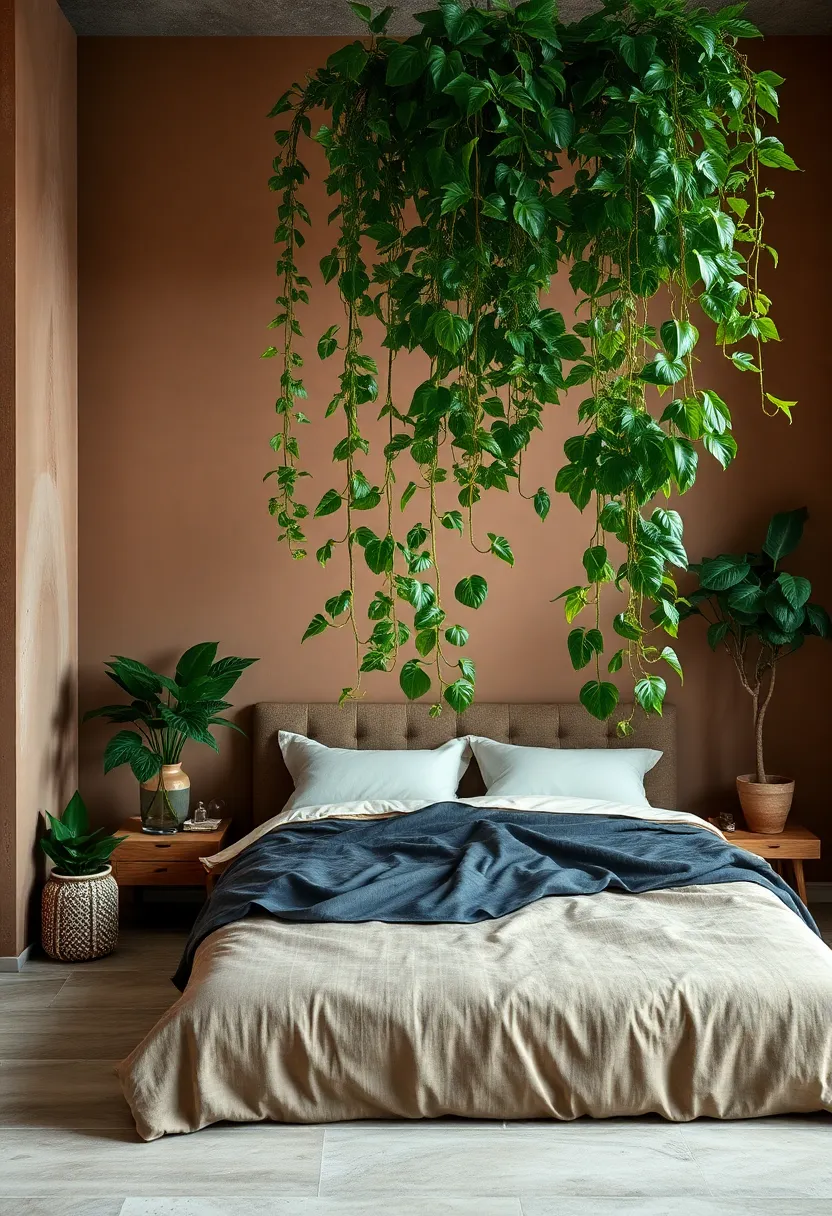 Modern Urban Bedroom⁢ With Smooth Stone Accents and Thick Hanging Philodendron ⁣Leaves Against ‍Warm ⁣Taupe Background