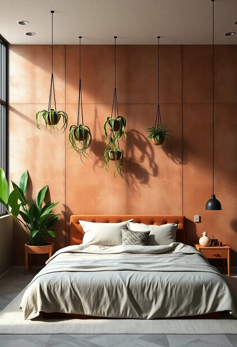 Earth-Toned Accent Wall with Hanging Snake Plants ⁢Casting Vertical​ Lines of Shadow in a ​Contemporary Bedroom