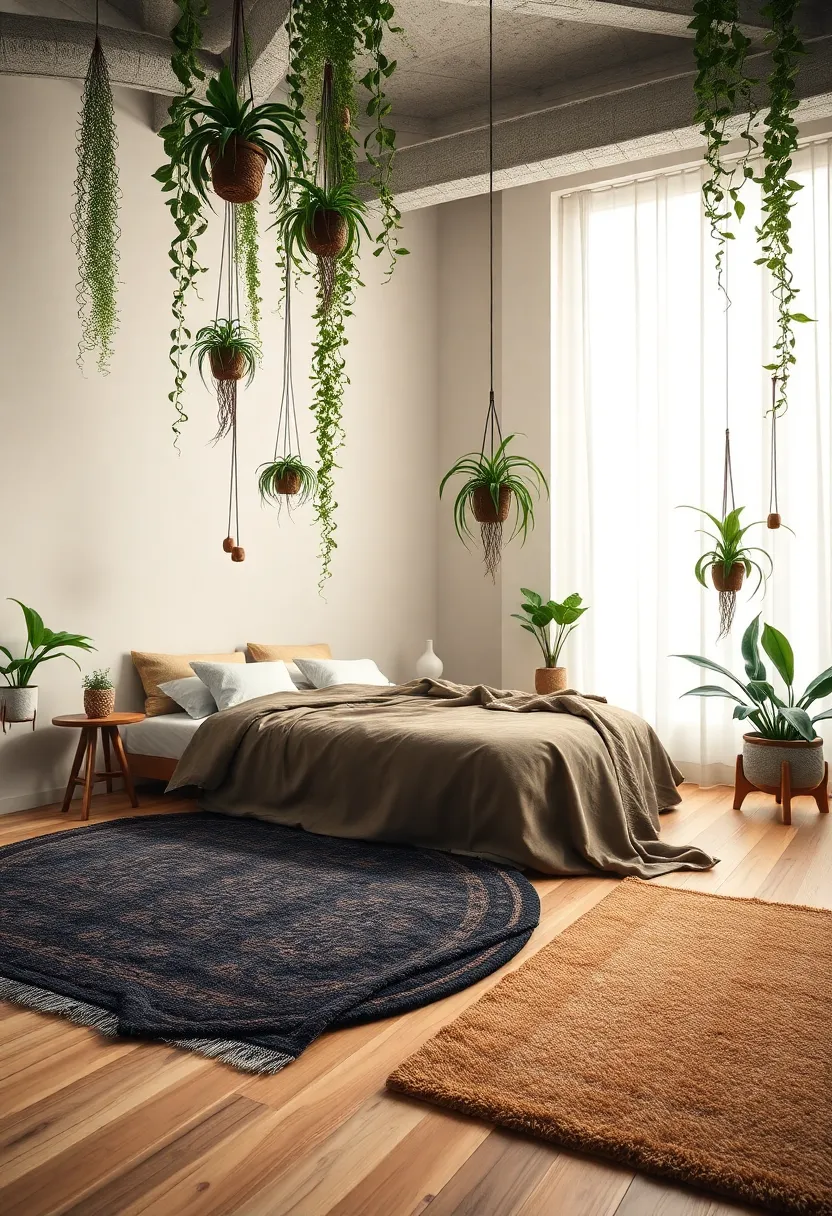 Textured Earth Tone Rugs Layered ⁢Over Natural⁤ Bamboo Flooring with⁣ Suspended⁣ Spider Plants ​for Natural Zen Vibes