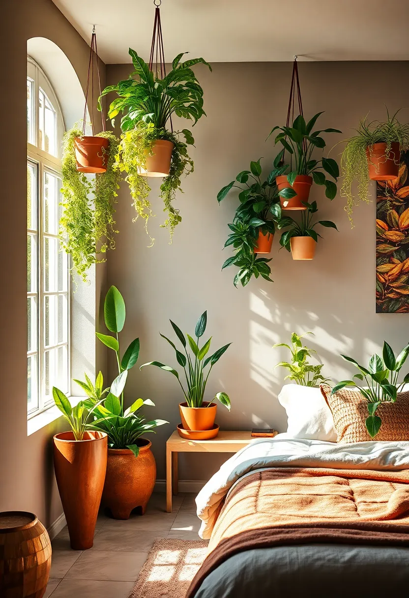 Sun-Drenched Corner Featuring Terracotta Planters Overflowing With⁣ Vivid Green Plants Against Taupe Painted⁣ Walls
