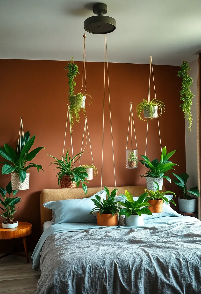 Curated Group‌ of ⁣Hanging Planters With Diverse ⁤Leaf Textures Against‌ a Subtle Mocha⁣ Brown Wall ⁣in ⁣a Modern Cozy Space