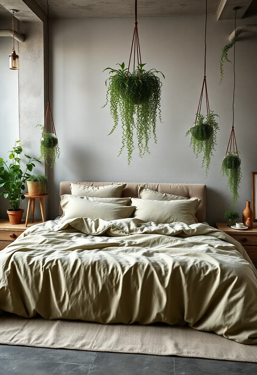 Plush Linen⁤ Bedding in ​Shades ⁣of ⁣Beige and Moss Green Flanked⁢ by Drifting String of Pearls Plants‍ in Hanging Glass Globes