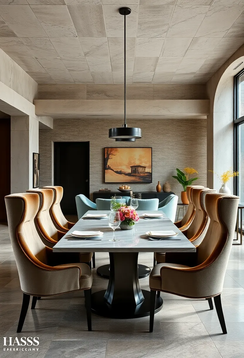 Velvet Chairs with High Backrests Framing​ a Large Table in a refined Urban Loft Dining Setting