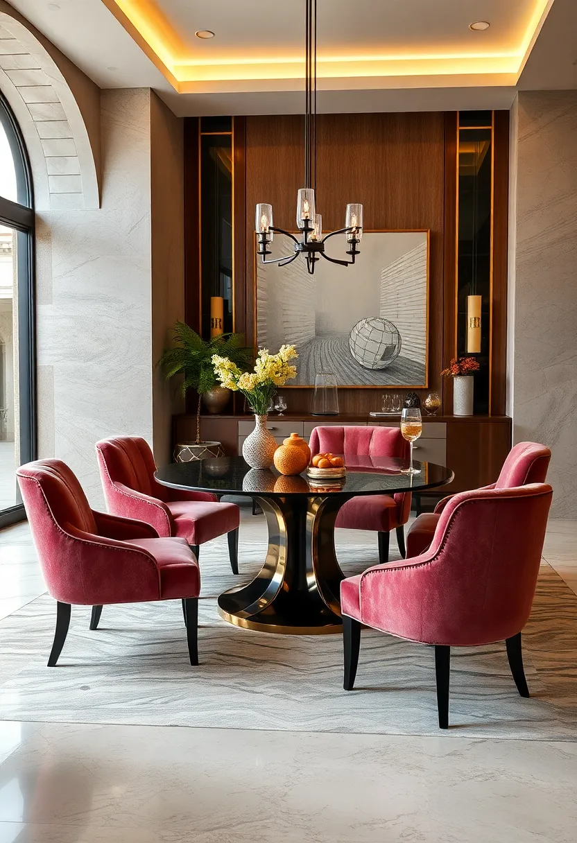 A Serene ⁣Dining Space showcasing Soft Velvet Upholstered Chairs Paired With Pastel‍ Walls