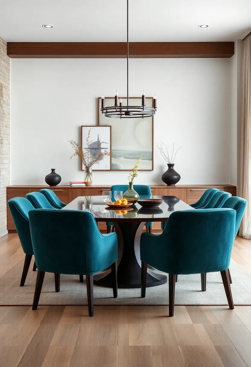 Bold Velvet Chairs in Deep Emerald Green Placed Around a Rustic Wooden Farmhouse Table
