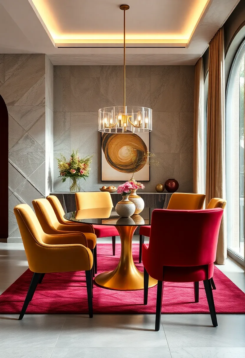Velvet Dining Chairs⁣ in Jewel Tones Complementing a Warm,Inviting Interior Palette
